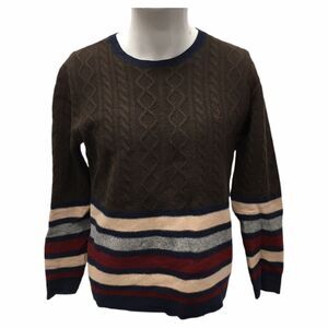 Vintage Beanpole 100 Wool Sweater Brown With Tan, Gray, Red, And Blue Stripes